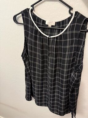 LOFT Black Plaid Sleeveless Top with White Trim
